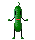 Green pixelated character with red mouth and black limbs in multiple poses against gray background.