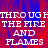Pixelated text reads 'THROUGH THE FIRE AND FLAMES' in white block letters over a red and blue gradient background with visible pixelation.