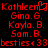 Red pixelated text on black background displays names and 'besties <33' with a heart symbol replacing the first letter of Kathleen.