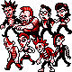 Pixel art illustration of seven stylized zombie figures with red and white skin, black clothing, and spiky hair in various poses against a gray background.