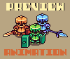 Pixel art animation of three knights with orange, green, and blue helmets holding swords and shields on a beige background.