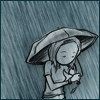 A grayscale cartoon figure holding an umbrella in rain, with closed eyes and a small object held near the chest.