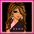 Pixelated 50x50 buddy icon with a woman's portrait in the top-left corner surrounded by pink text fragments on black background, part of an animated contact sheet.
