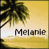 Pixelated beach scene with palm tree silhouette against yellow sky, text 'Melanie' in black block letters at bottom center.