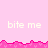 Pixelated pink background with repeated 'bite me' text and jagged pink borders, featuring a gray rectangular overlay on the right side.