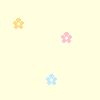 Static image of small flower-shaped icons in yellow, pink, and light blue on a pale yellow background with a gray rectangle at bottom right.