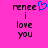 Pixelated text 'reneee i love you' on bright pink background with blue heart symbol above first instance of 'i'.