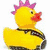 Yellow rubber duck with pink spiky hair, red beak, and black-and-white striped body.