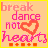 Pixelated graphic with pink text reading 'break dance not heart' over a peach background, framed by yellow border and orange square-plus symbols.
