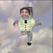 Animated sequence of a person in striped vest and gray pants running across clouds, showing full-body motion from front to side views.