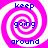 Four identical pixelated spiral icons with pink and white stripes, each displaying blue text reading 'keep going around' in a circular arrangement.