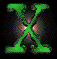 Green 'X' icon with pixelated texture and red glow, transitioning through multiple states including solid green, grayed-out, fragmented, and animated distortion.