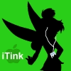 Black silhouette of a winged figure with long hair and a necklace, standing against a bright green background with 'iTink' text and an apple logo.