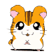 A cartoon hamster with orange and white fur, pink inner ears, large black eyes, and a small brown nose appears in nine positions against a gray background