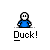 A 4x4 contact sheet of a pixel art animated icon showing a white stick figure in blue clothing with various poses and actions across 15 frames, including ducking, raising arms, and interacting with small yellow-green objects, all labeled "Duck!" below each frame.