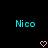 Two cyan 'Nico' text labels flank a central pink heart symbol on black background.