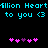 Pixelated cyan text reads "Allion Heart to you <3" repeated twice above two of pink and purple heart icons on black background