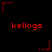 Red pixelated text 'kellogs' appears below red star-shaped icons with dotted lines on a black background.