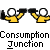 Two pixelated figures in yellow shirts and black pants hold black objects above their heads against a gray background with text below.