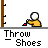 Animated sequence of a yellow figure throwing red shoes against a gray background with brown vertical bars.