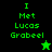 Green pixelated text "I Met Lucas Grabeel" on black and green backgrounds with two star icons, one light green and one dark.