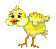 Six pixelated yellow chicks with orange beaks and feet stand in a , each displaying distinct facial expressions and wing positions against a solid gray background