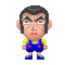 Pixelated character in blue overalls with red buttons, yellow shirt, and blue shoes stands against gray background; right pose shows arms extended outward.