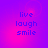 Four identical display 'live laugh smile' text in blue pixelated font on a purple-pink gradient background with subtle circular light effects