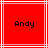 Red square with white lines containing black pixelated text "Andy" in the center