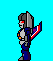 Pixelated character in blue and gray armor with red eyes, holding a striped sword against cyan background.