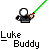 Pixelated character with white circular head and black body holding green lightsaber-like object, below text "Luke Buddy" on gray background.