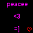 Purple 'peacee' text above a sequence of symbols with animated red heart and arrow changes on black background