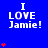Blue background with repeated white text "I LOVE Jamie!" and red heart symbols in varying quantities across six positions.