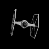 A silver and black TIE fighter model rotates through multiple angles against a solid black background, displaying its wings and central cockpit from various perspectives.