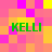 Green text 'KELLI' appears four times on a pixelated background of pink, orange, and yellow squares.