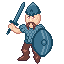 Pixel art of a bearded warrior in blue armor holding a sword and shield against gray background.