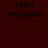 Dark red background with yellow rectangular bars and black text reading TEAM MANAGER in pixelated font across multiple positions.