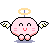 Pixelated pink angelic character with wings, halo, and blush, standing on a purple shadow with arms crossed or outstretched.