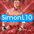 A four- shows a wrestler in various poses with overlaid text labels; top-left features red background and blue "SimonL10" text, top-right green "Loves" text, bottom-left blue "Rey Mysterio" text