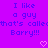 Purple background with blue pixelated text reading "I like a guy that's called Barry!!!" and two pink heart symbols at the bottom.