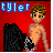 Pixelated image with red background showing a shirtless figure holding black fabric, blue text 'tyler' at top left.