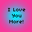 Four identical circular icons with pink outer rings and blue inner gradients display black pixelated text reading "I Love You More!" on a solid pink background.