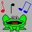 Green pixelated frog with wide eyes and open mouth on left, closed mouth on right; blue musical notes above center; red note symbols at top corners.