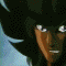 Animated sequence showing a character with black hair and red eyes transitioning through poses, expressions, and action effects against light and dark backgrounds.
