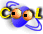 Blue cartoon character with large orange eyes and black pupils, yellow 'C' and 'L' letters on either side of its head against a white background.