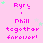 Pink background with repeated text 'Ryry + Phill together forever!' in pink and purple, scattered green stars.