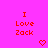 Pixelated red text on bright pink background reads "I Love Zack" with two pixel hearts below, one heart has a missing segment.