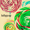 Two side-by-side animated lollipop icons with swirling red, green, yellow, and blue patterns and "lollypop" text in black and white.
