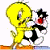 A 50x50 pixel animated buddy icon featuring Tweety Bird and Elmer Fudd from Looney Tunes, displayed as a contact sheet with two frames showing sequential motion against a white background on the left and green text branding on the right.