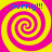 Four identical spiral patterns in yellow and pink with blue text reading 'porny!!!' at each corner on a solid background.